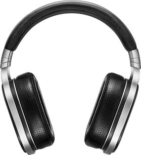 OPPO PM-1 EU sort hovedtelefoner, polstret hovedbøjle, ovale perforerede ørepuder, sølvfarvede ørekopper, set forfra