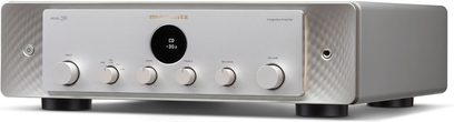 Стерео hi-fi усилвател Marantz Model 30 сребрист, изглед отпред, 6 въртящи се бутона, 1 бутон за натискане, централен цифров дисплей
