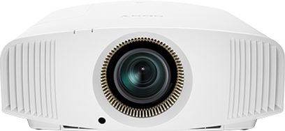 Sony VPL-VW360ES hvid videoprojektor, set forfra, centreret linse, sidehullede ventilationsgitre, afrundet form