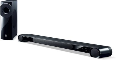 Yamaha YSP-3300 sort soundbar og subwoofer, set forfra og fra siden, på hvid baggrund