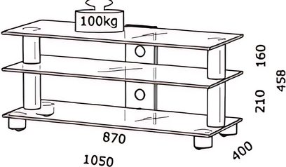 3-niveaus glasmøbel til TV med dimensioner i millimeter, vægt på 100 kg og en cylinder på 100 kg tegnet på toppen