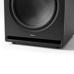 Subwoofer Elipson Premium Sub 15 v matné černé barvě, detailní pohled zepředu, membrána z tkaných vláken, přední štěrbinový výstup