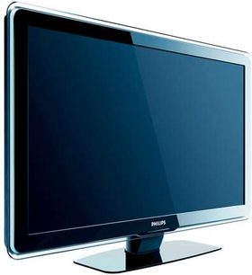 Philips 52PFL7203H fladskærms-TV sort højglans skærm sølvfarvet ramme glasplade set forfra og lidt fra siden