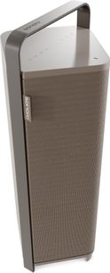 Altoparlante Bluetooth portatile Sonoro Vibes XL color tortora con ampia maniglia integrata e pannello frontale con griglia, visto da una leggera angolazione dall’alto