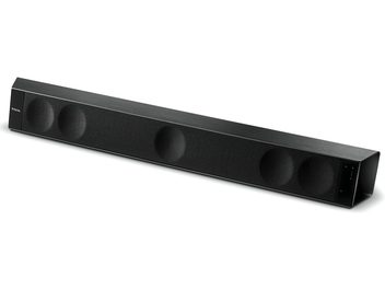 Focal Dimension soundbar i sort, rektangulær og aflang, set forfra i let fugleperspektiv på hvid baggrund