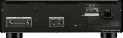 Hi-fi CD-afspiller Denon DCD-3000NE sort, bagside, analoge RCA-lydforbindelser, digitale lydudgange optisk og koaksial, AC-strømstik, tekniske inskriptioner i hvid, synlige cirkulære fødder