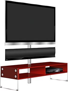 Yamaha Kinsei rødt audio-video-møbel set forfra, sort fladskærm, sort soundbar, blank rød hylde