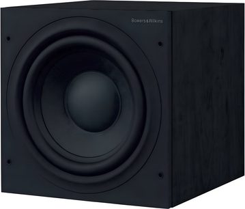 Bowers & Wilkins ASW610 subwoofer i sort, kubisk, mat sort front, cirkulær centralhøjttaler, set forfra
