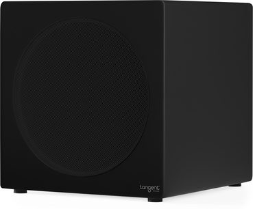 Subwoofer Tangent Spectrum II XSW8 v matně černé, krychle s kruhovou kovovou mřížkou, pohled zepředu zprava v úhlu 3/4