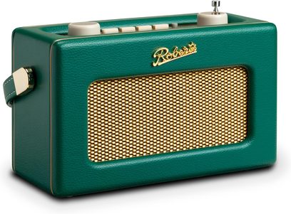 Roberts Revival Uno BT lauaradio, tekstuurse rohelise nahkjasist kasti, eespool suur kuldkollane metallvõre, kreemikad nupud ja teleskoopantenn ülaosas, kolmveerandiseesvaade