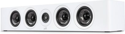 Polk Audio R350 vit centralhögtalare, frontvy, 5 svarta runda högtalare på vit rektangulär front