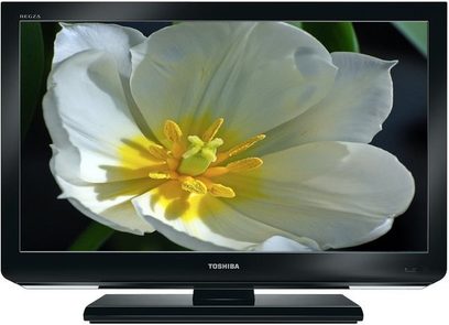 Nærbillede af en åben hvid tulipanblomst set forfra på skærmen af et Toshiba 42HL833-fjernsyn