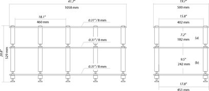 Norstone Design Bergen-AV2 audio-videomøbel med dimensioner i millimeter, front- og sidevisning, 3 hylder, metalstruktur