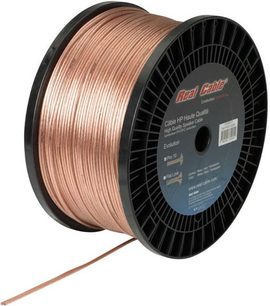 Bobine de câble audio cuivre transparent Real Cable P400T, diamètre épais, sur support plastique noir circulaire