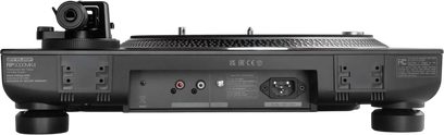 Чорний програвач вінілу Reloop RP 5000 MK4, вигляд ззаду з роз’ємами RCA, клемою заземлення, вимикачем і роз’ємом мережевого живлення
