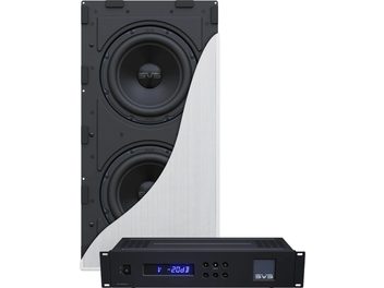 SVS 3000 schwarze In-Wall-Bassbox, Vorder- und Seitenansicht, mit zwei runden Lautsprechern und einem rechteckigen Verstärker
