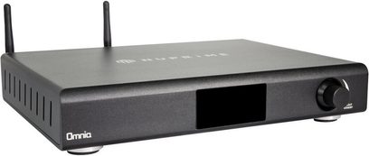 Nuprime Omnia A-200 sort hi-fi stereforstærker, set forfra, rektangulært format, 2 Wi-Fi-antenner, central LCD-skærm