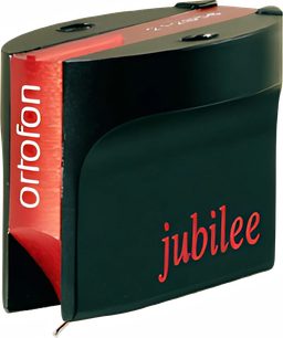 Ortofon MC Jubilee pickup, sort og rødt kabinet, set forfra og fra siden, på hvid baggrund