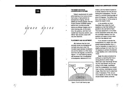 JBL S2600 og S3100 højttalere, tekniske diagrammer med dimensioner, lyttevinker og vejledning til placering og justering