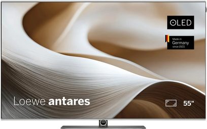 Loewe Antares 55-tommers OLED-tv, flad sølvfarvet skærm på central sort og grå fod