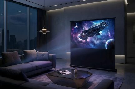 Écran de projection motorisé noir dans salon moderne, image de vaisseau spatial et planètes en vue de face