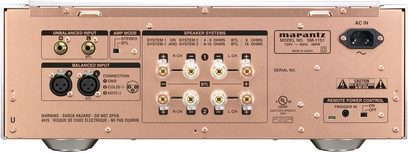Marantz SM-11S1 forstærker set forfra, med stik og kontroller til højttalersystemer og audio-indgange