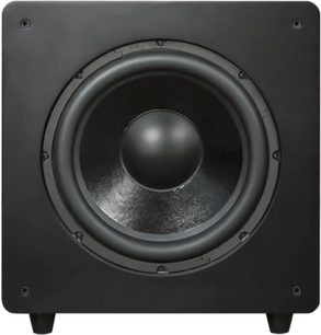 Černý subwoofer Velodyne Deep Waves 12, pohled zepředu, čtvercová skříň s velkou viditelnou kruhovou membránou