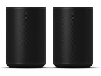 Pametni zvočniki Sonos Era 100 SL črni, kompakten navpični par z mrežasto sprednjo stranjo, pogled od spredaj