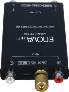 Phono forforstærker MC-MM PP 120 Enova HIFI, sort rektangulært kabinet, røde og hvide RCA-stik, forgyldt stik, USB-port