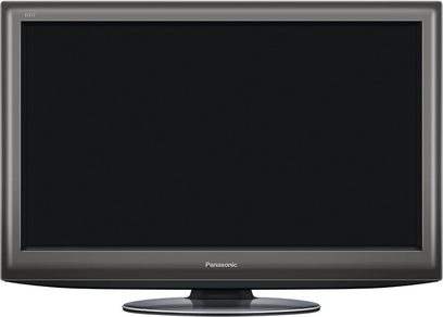 Panasonic TX-L42D25 fladskærms-TV med rektangulært sort panel, set forfra på ensfarvet grå baggrund