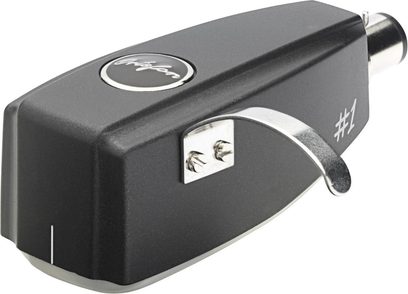 Ortofon SPU #1 (Spherical) black and silver phono cartridge, top and side view, with stylus and logo