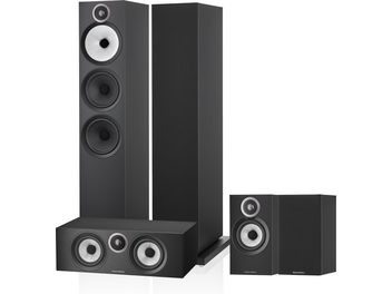 Paket mit Bowers & Wilkins 603 S3 schwarzen Standlautsprechern, bestehend aus zwei Standlautsprechern und zwei Kompaktlautsprechern, Frontalansicht