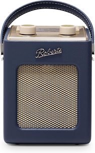 Navyblaue vernetzte Roberts Mini 2 aus Kunstleder, goldfarbenes Gitter, zwei Drehregler und Griff, Frontansicht