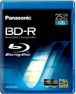 Panasonic Blu-ray-disk BD-R LM-BRU25AE 25 GB i sin blå emballage, blank overflade synlig