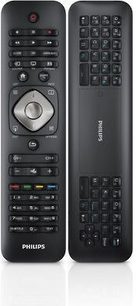 Sort Philips fjernbetjening med numerisk tastatur, navigations- og kontrolknapper, set forfra