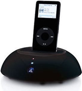 Podspeakers The Dock sort dockingstation, set forfra, med skærm der viser en iPod, kontrolknap og blå indikatorlampe