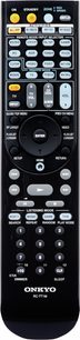 Sort Onkyo RC-771M fjernbetjening set forfra, mange farvede knapper og LCD-skærm
