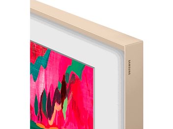 Rámeček Samsung The Frame 75 palců 2025 v zlatém kovovém provedení, detailní pohled z pravého horního rohu v perspektivě