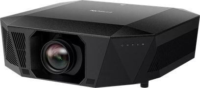 Proyector Epson EH-QL7000 negro, vista de tres cuartos, lente central, superficie superior lisa, botones laterales
