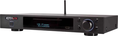 Lettore audio di rete IOTAVX NP3 nero vista frontale, schermo centrale, grande manopola a destra e antenna posteriore