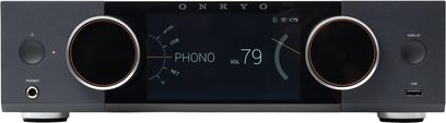 Onkyo Y-50 sort hi-fi stereo forstærker i sort, moderne front med centralt display, to store drejeknapper, hovedtelefonudgang og USB-port