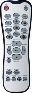 Grå fjernbetjening med sorte og røde knapper, set forfra, med påskrifterne "ON", "OFF", "User1", "User2", "User3", "Kontrast", "Lysstyrke", "Tilstand", "Billedformat", "DB", "3D", "Lydløs", "Sleep-timer", "Volume+", "Kilde", "Gensync", "Menu", "Volume-", "HDMI1", "HDMI2", "VGA1", "VGA2", "Video", "YPbPr"