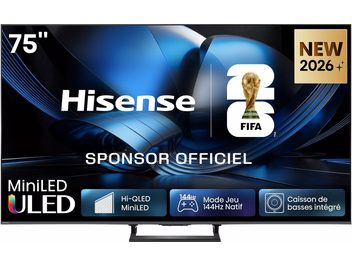 Televisor Hisense Mini LED ULED de 75 pulgadas, vista frontal sobre patas con pantalla azul y marcado FIFA