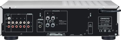 Onkyo A-9110 sort hi-fi stereoforstærker, bagside, audio- og højttalertilslutninger, afbryder, strømstik