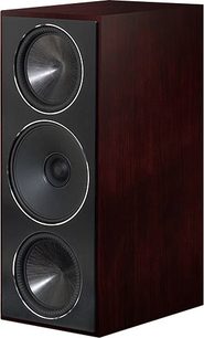 Paradigm Founder 70LCR acoustic speaker in dark cherry, front view, 3 circular black speakers on vertical rectangular dark wood cabinet