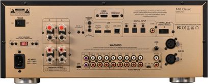 Stereo hi-fi forstærker Advance Paris A10 Classic sort, frontpanel med audio-tilslutninger og justeringer, set forfra