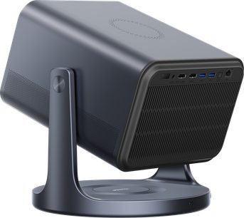 Hisense C2 Pro projector, side view, dark gray rectangular casing, curved stand, visible rear ports