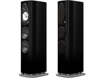 Sonus Faber Sonetto V G2 melni lakotu grīdas skaļruņu pāris ar redzamiem skaļruņiem un noņemamiem režģiem