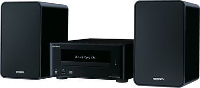 Sort Onkyo CS-245BT hi-fi minianlæg bestående af to højttalere og en cd-afspiller med skærm, der viser "Bluetooth"