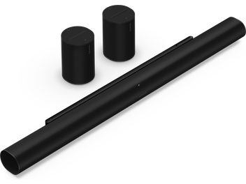 Sonos ARC Ultra + Era 100 soundbar, set fra en vinkel, cylindrisk, sort, ledsaget af 2 sorte cylindriske højttalere